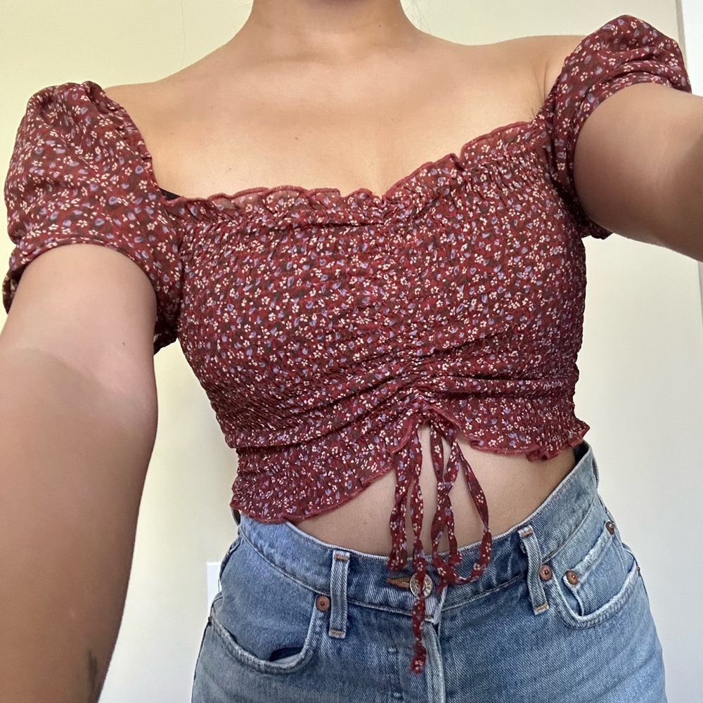 Papermoon Red Floral Ruched Puff Sleeve Crop Top